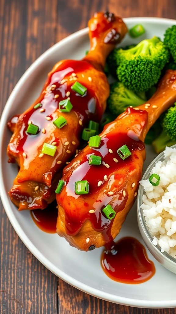 Asian glazed chicken drumsticks garnished with green onions and sesame seeds, served with rice and broccoli.